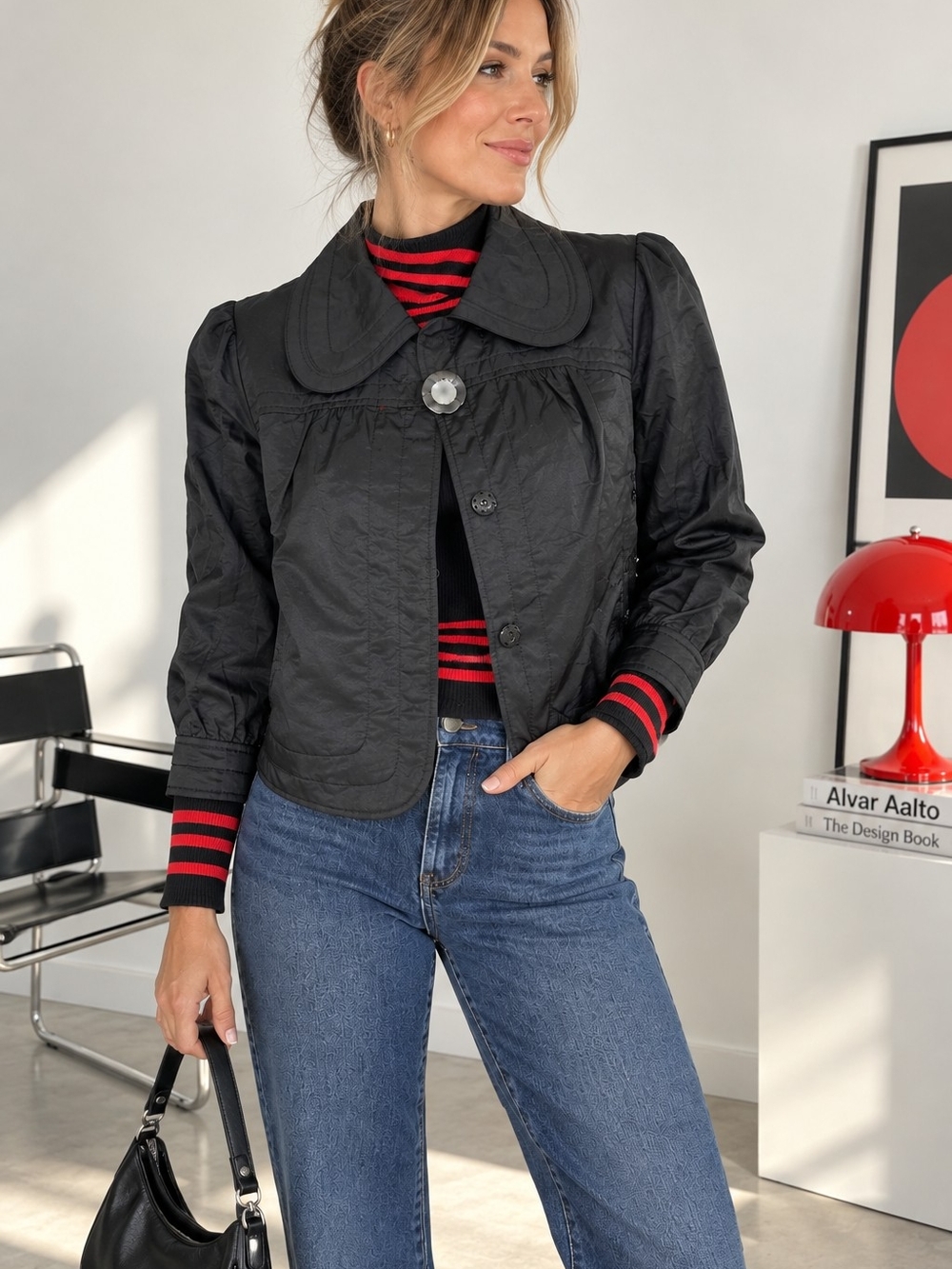Lapis Black Cropped Boxy Jacket Puff Sleeve Statement Collar